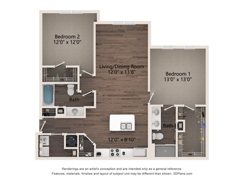 Floor plan for 2 beds, 2 baths, 1159 sqft
